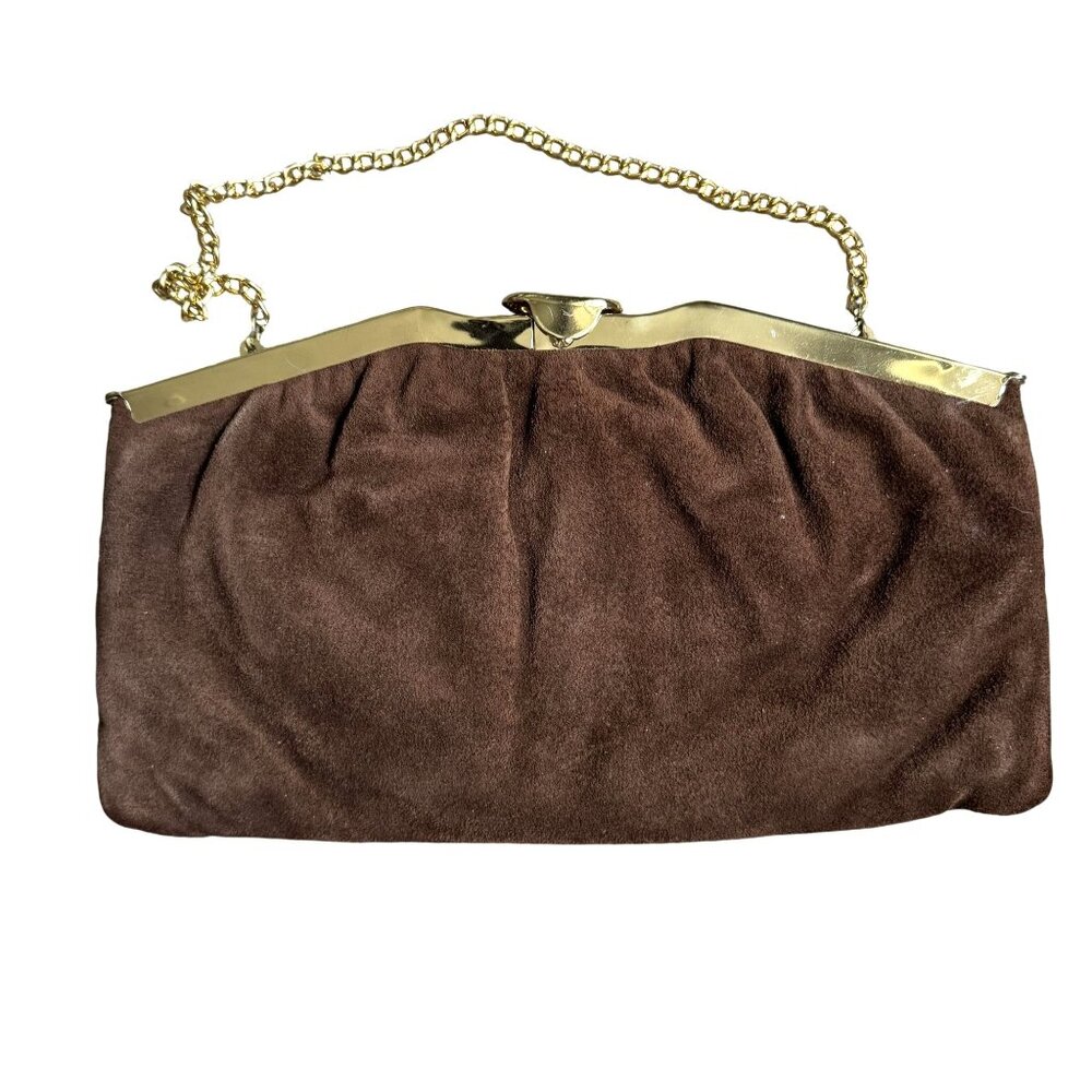 Vintage Liptons Purse Womens Brown Faux Suede Evening Clutch Gold Chain Strap